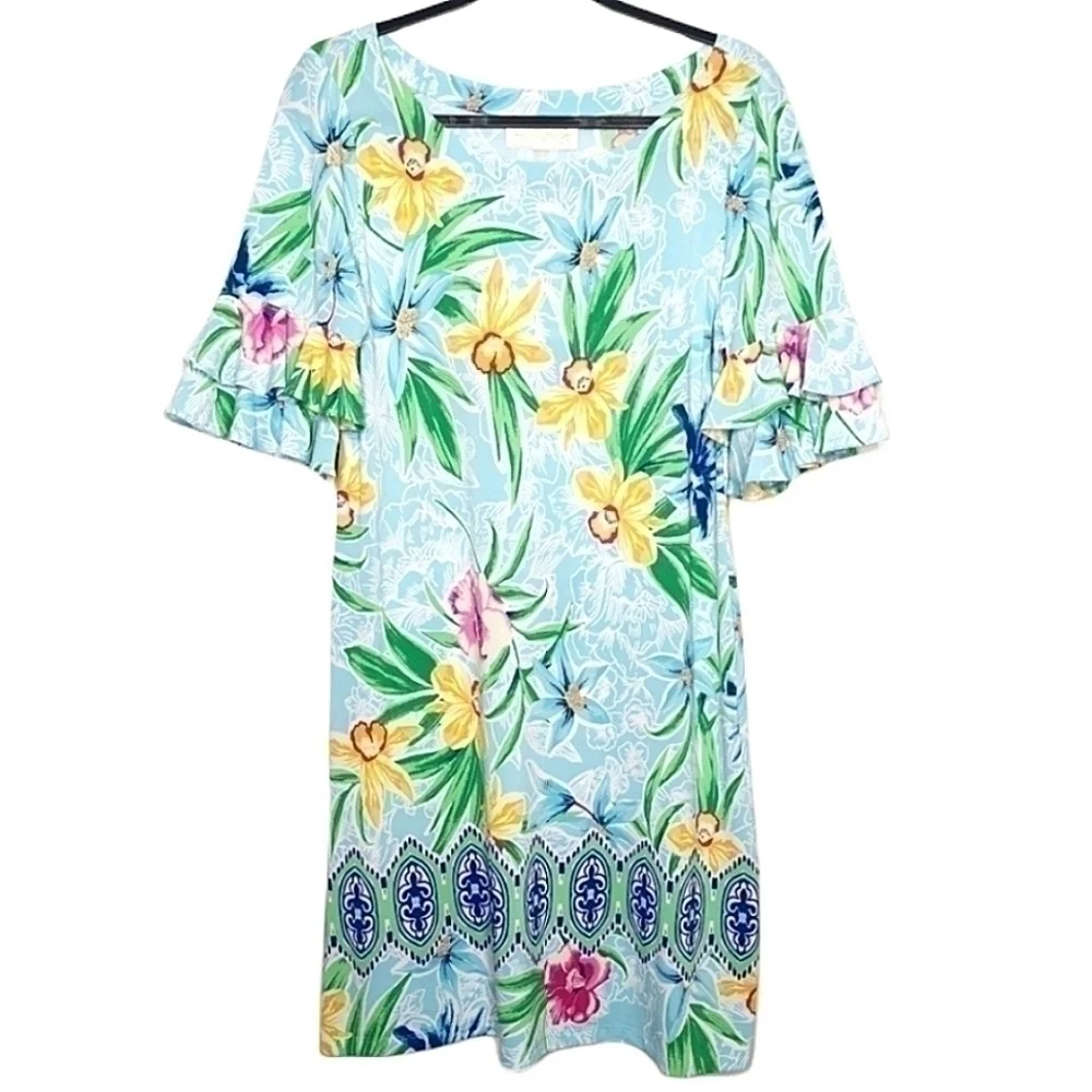 NWT Cappagallo Women’s Medium Erika Ice Blue Floral Dress Tropical Lightweight - Picture 1 of 14